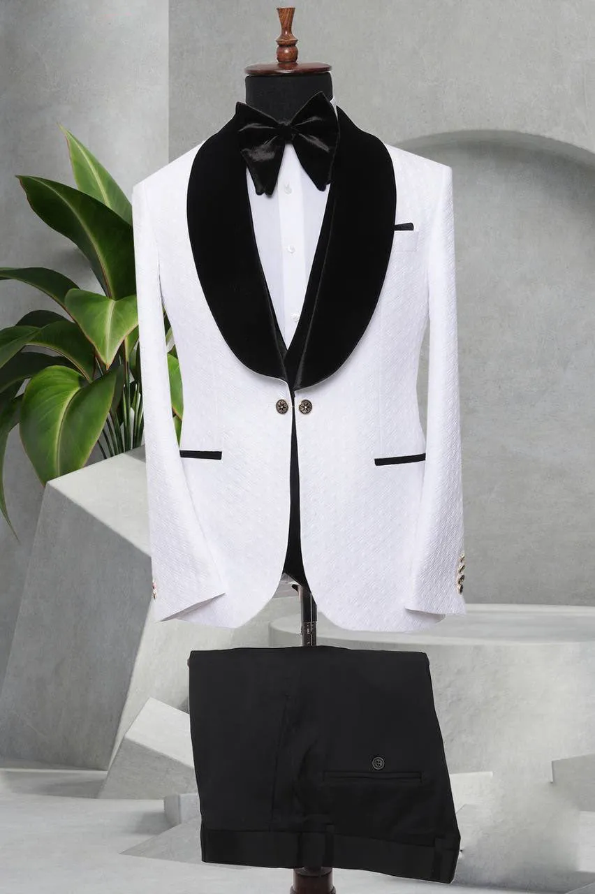 Three Pieces Tuxedo Suit with Contrasting Black velvet Lapel, matching bow tie and Black Pants.