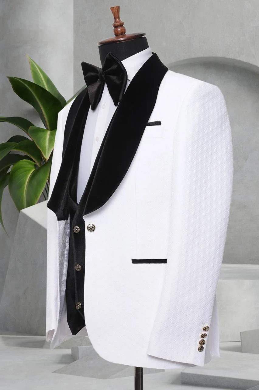 Three Pieces Tuxedo Suit with Contrasting Black velvet Lapel, matching bow tie and Black Pants.