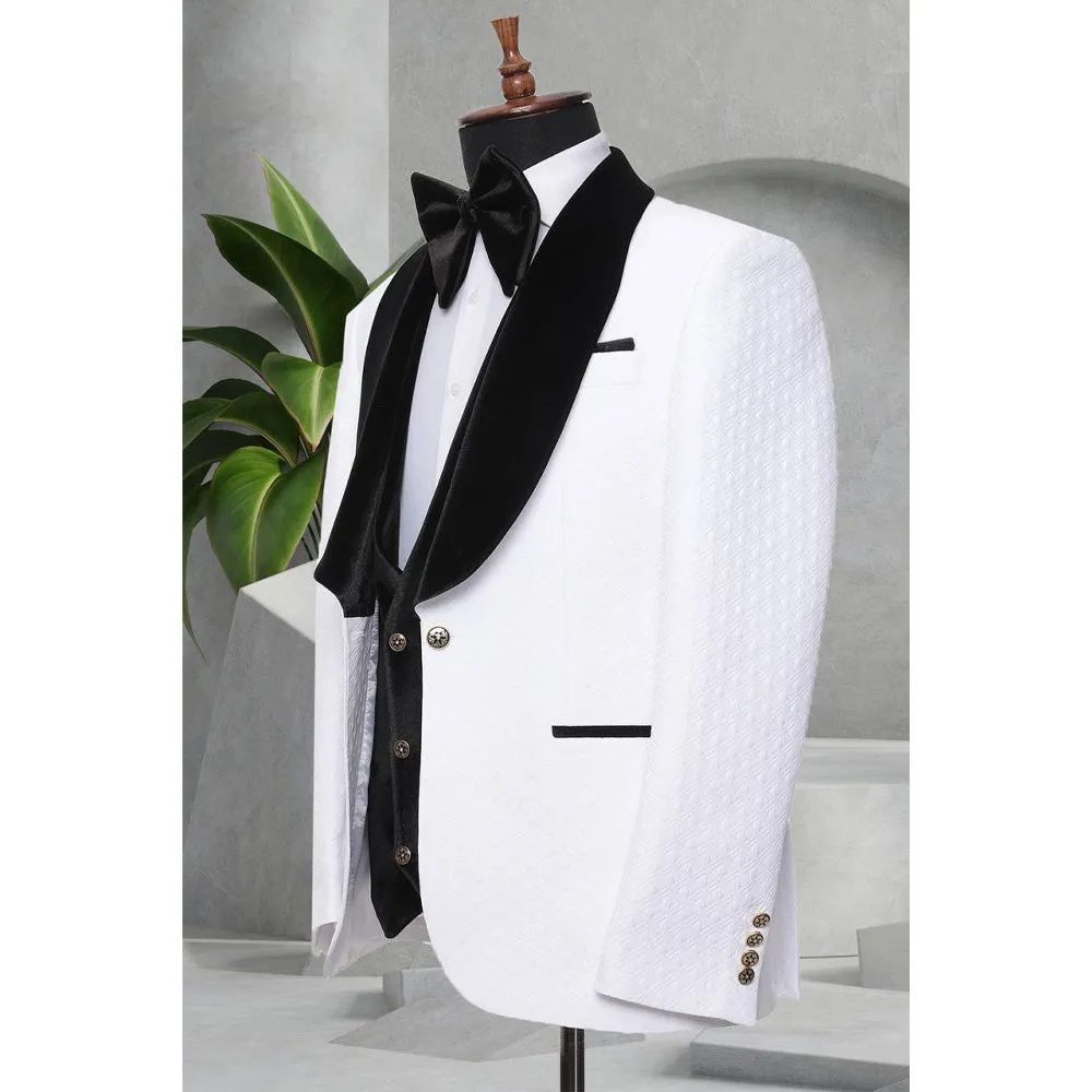 Three Pieces Tuxedo Suit with Contrasting Black velvet Lapel, matching bow tie and Black Pants.