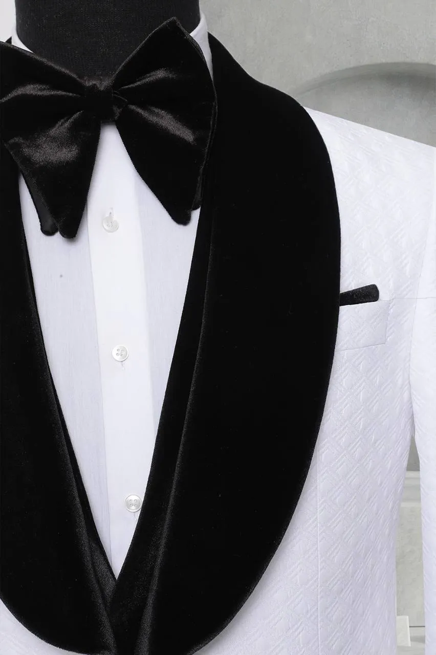 Three Pieces Tuxedo Suit with Contrasting Black velvet Lapel, matching bow tie and Black Pants.