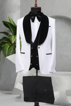 Three Pieces Tuxedo Suit with Contrasting Black velvet Lapel, matching bow tie and Black Pants.