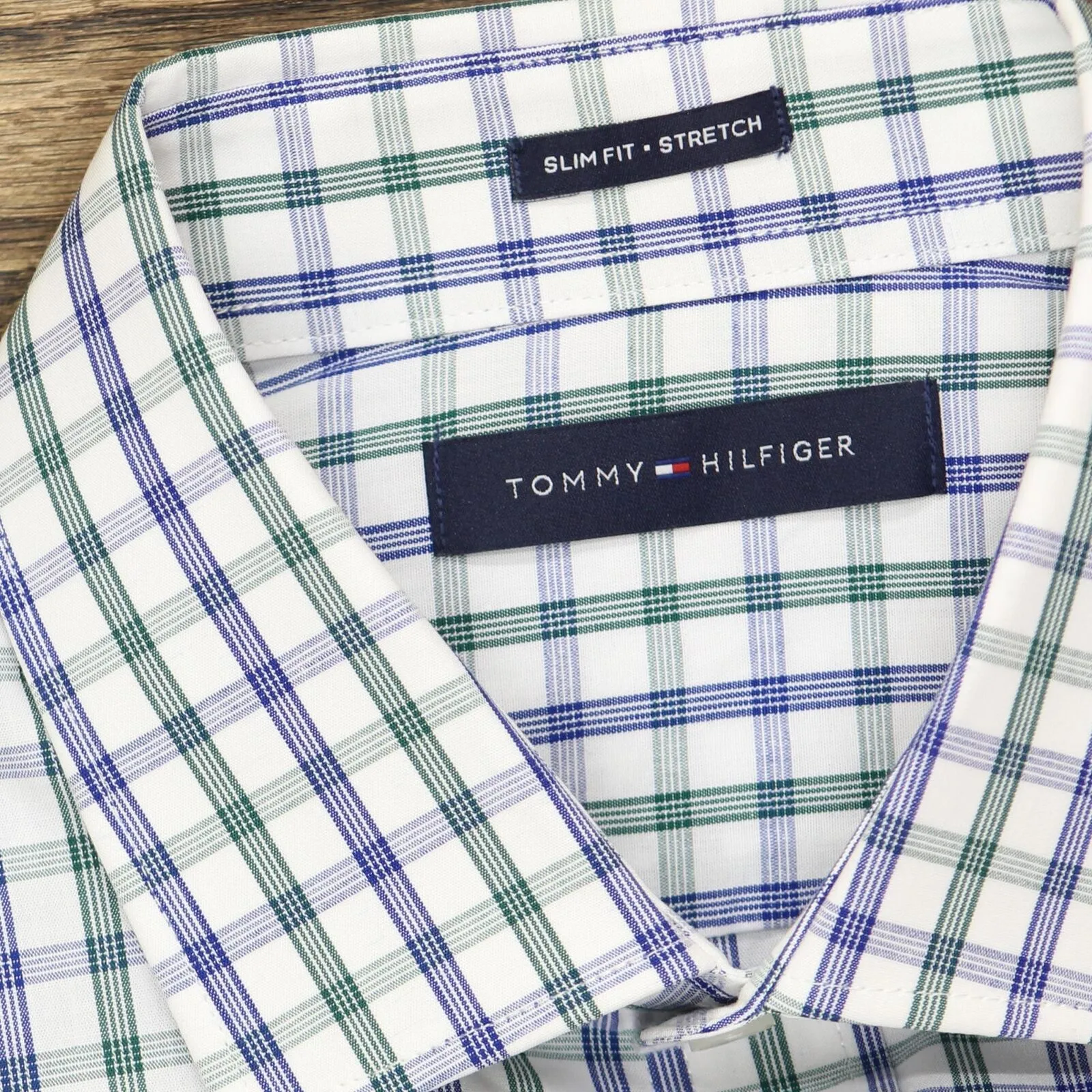 Tommy Hilfiger Slim Performance Stretch Check Dress Shirt Pine M 15 1/2 32-33