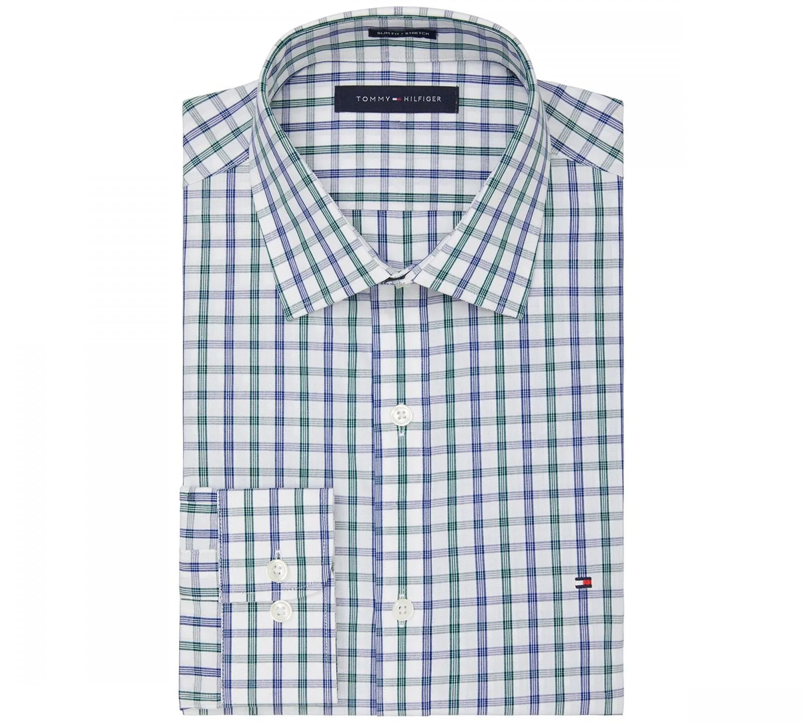 Tommy Hilfiger Slim Performance Stretch Check Dress Shirt Pine M 15 1/2 32-33