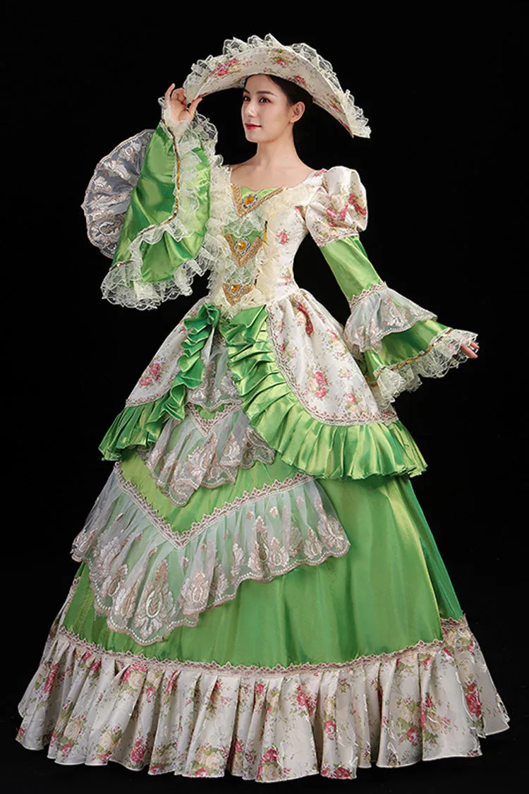 Trumpet Sleeves High Waisted Ruffled Multi-Layer Hollow Embroidery Print Victorian Lolita Prom Dress