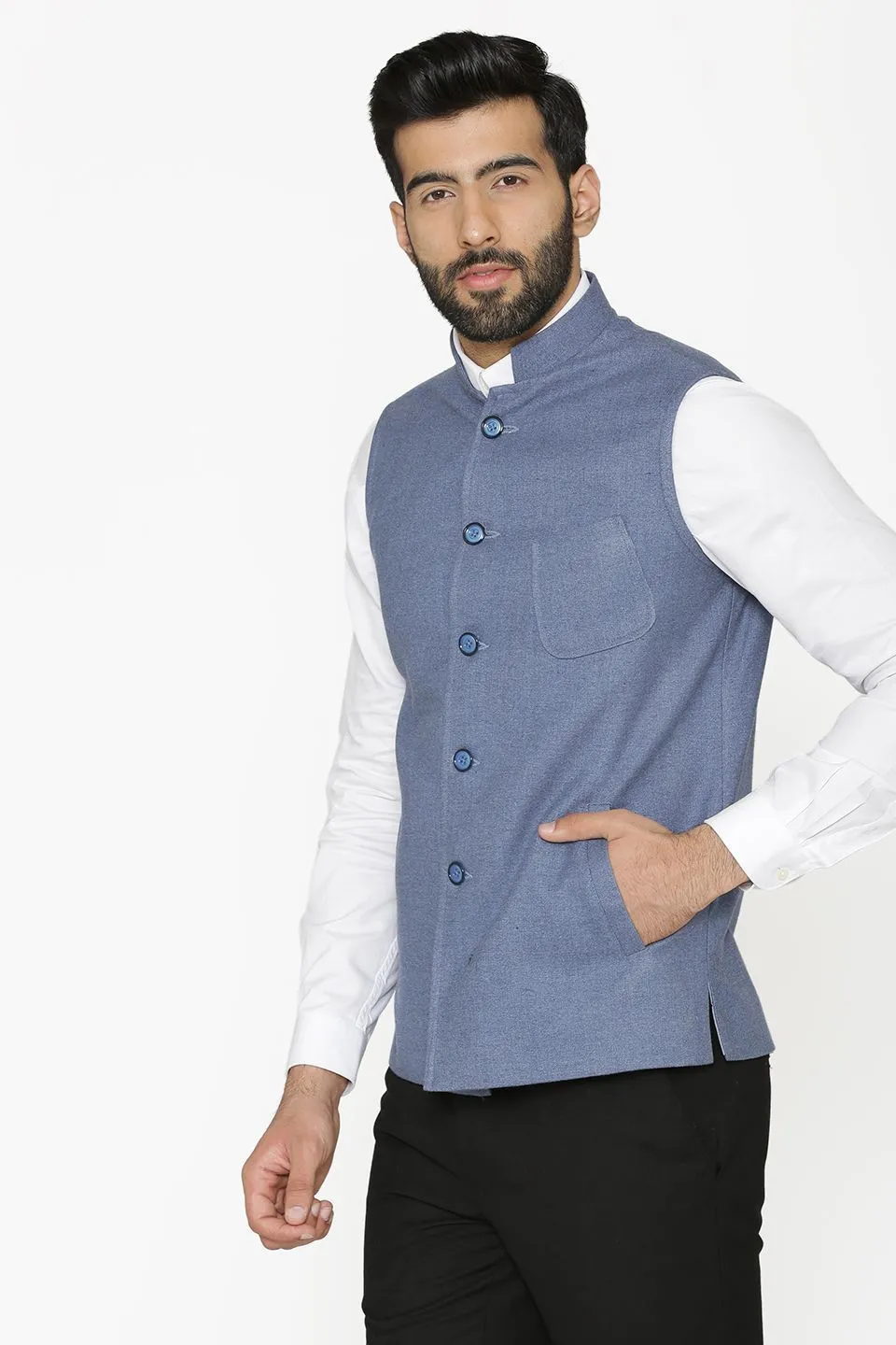 Tweed Wool Blue Modi Nehru Jacket