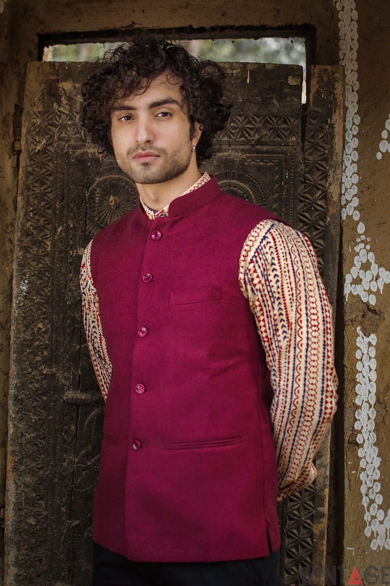 Tweed Wool Red Modi Nehru Jacket