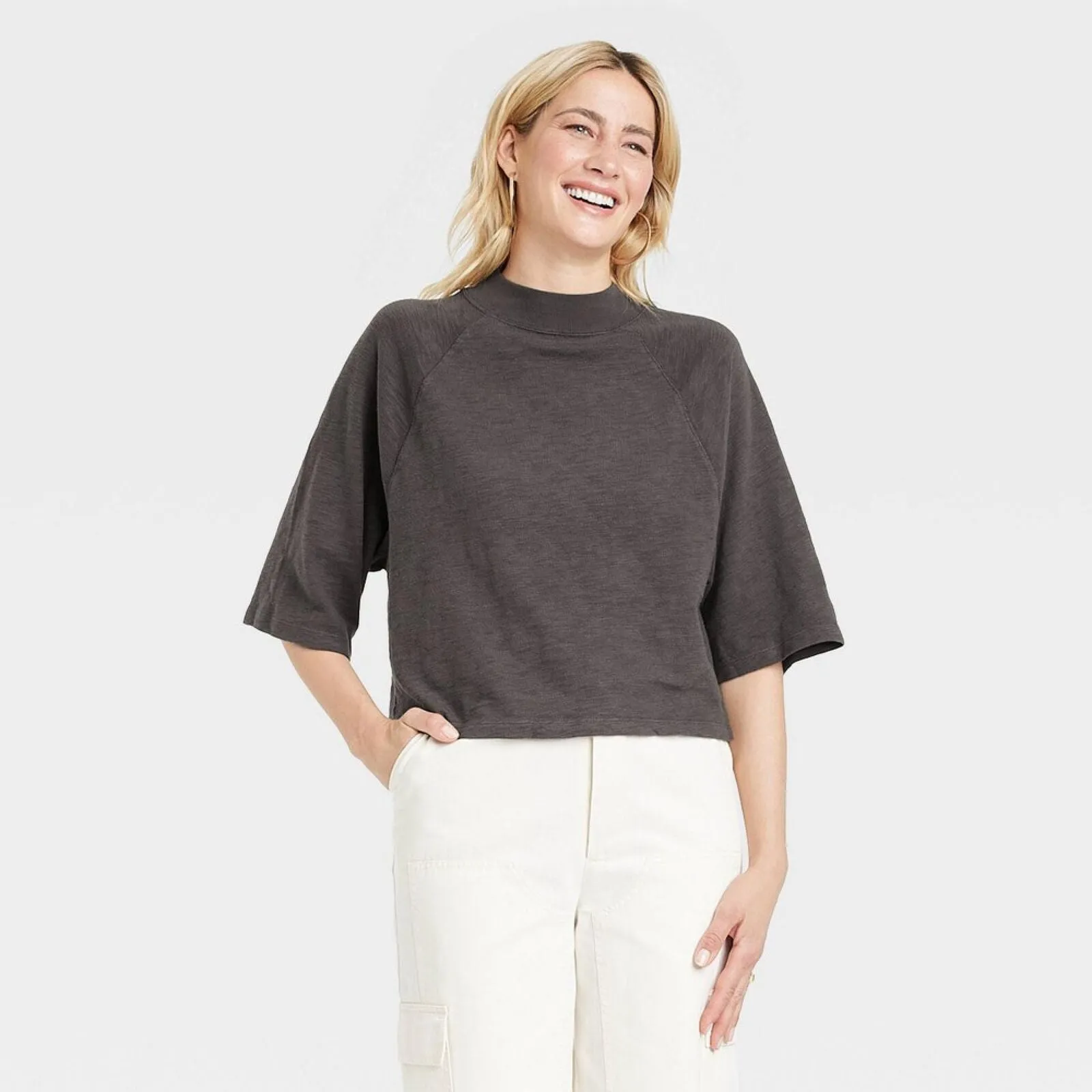 Universal Thread Womens Elbow Sleeve Mock Turtleneck T-Shirt Dark Gray M