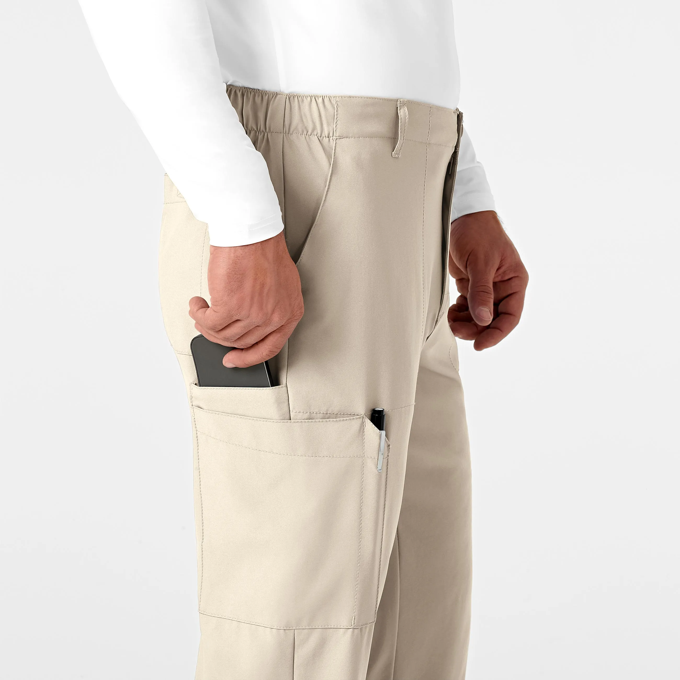 W123 5355 Men's Flat Front Cargo Scrub Pants Khaki