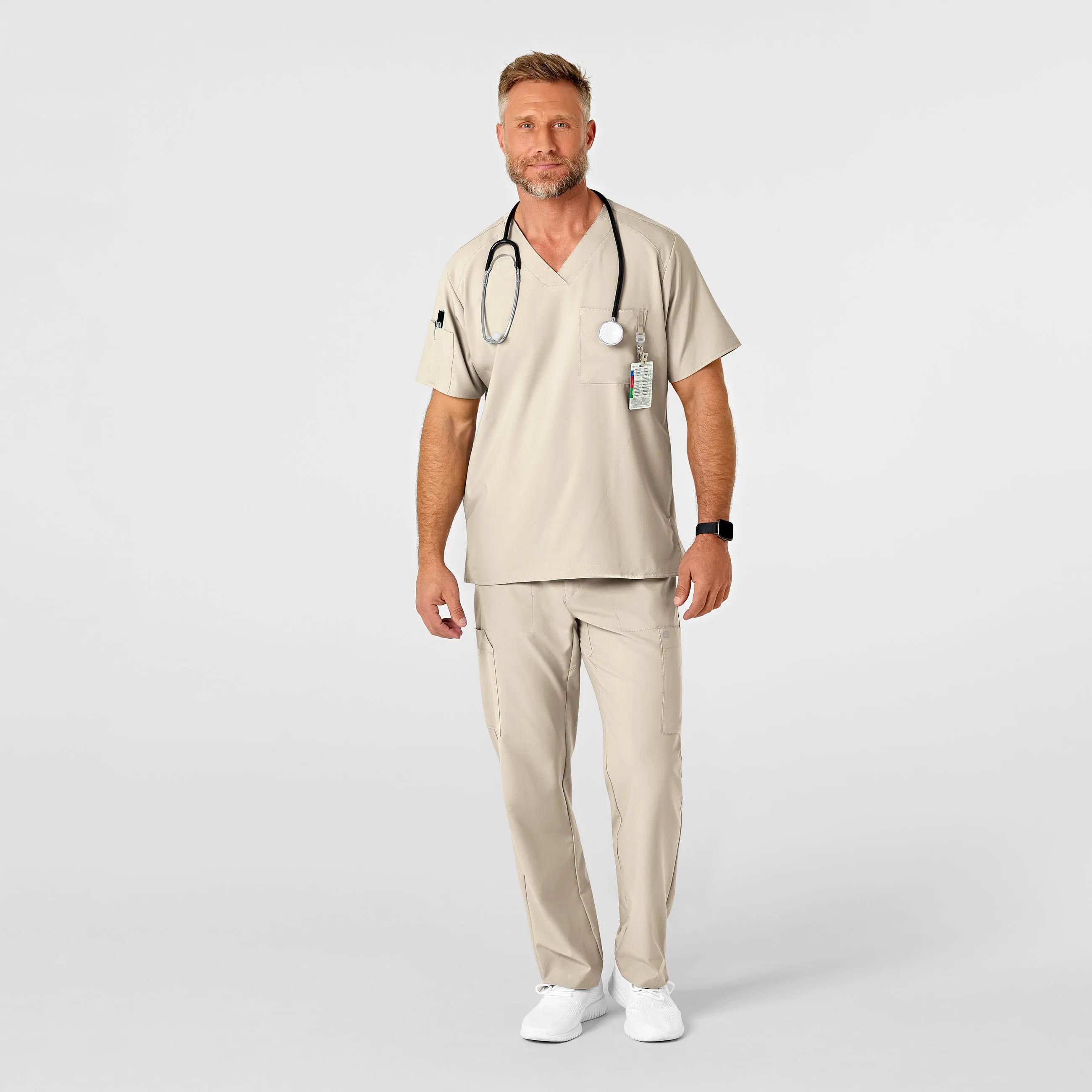 W123 5355 Men's Flat Front Cargo Scrub Pants Khaki