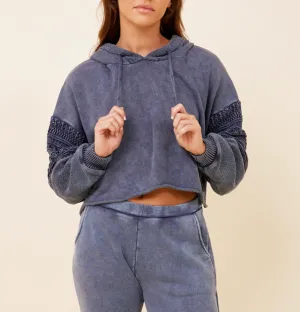 Washed Denim Crochet Detail Hoodie
