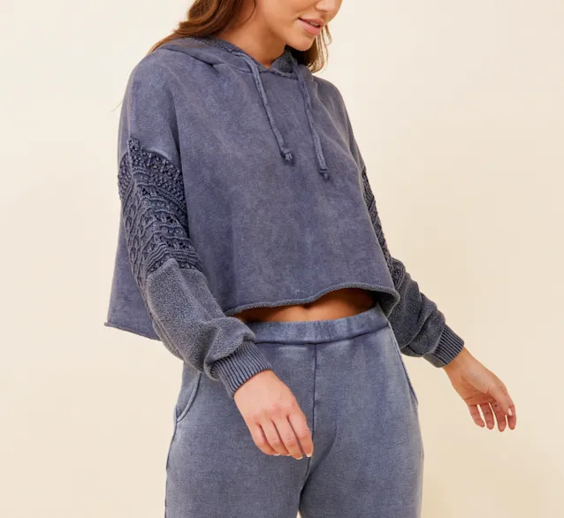 Washed Denim Crochet Detail Hoodie