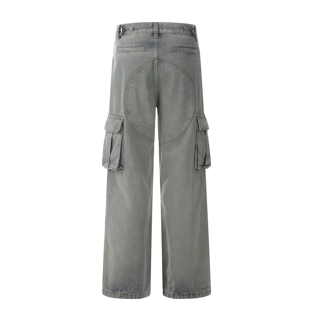 Waste Soil Wind Wash Water Old Denim Cargo Pants Men's Trendy Deconstructed Spliced Multi-Pocket Loose Straight Pants