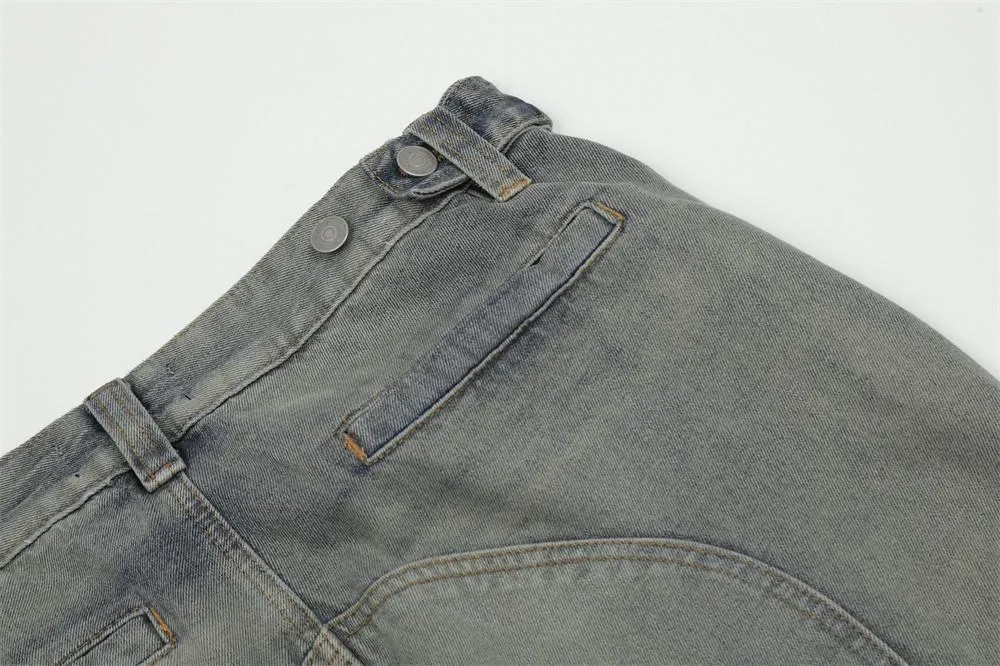 Waste Soil Wind Wash Water Old Denim Cargo Pants Men's Trendy Deconstructed Spliced Multi-Pocket Loose Straight Pants