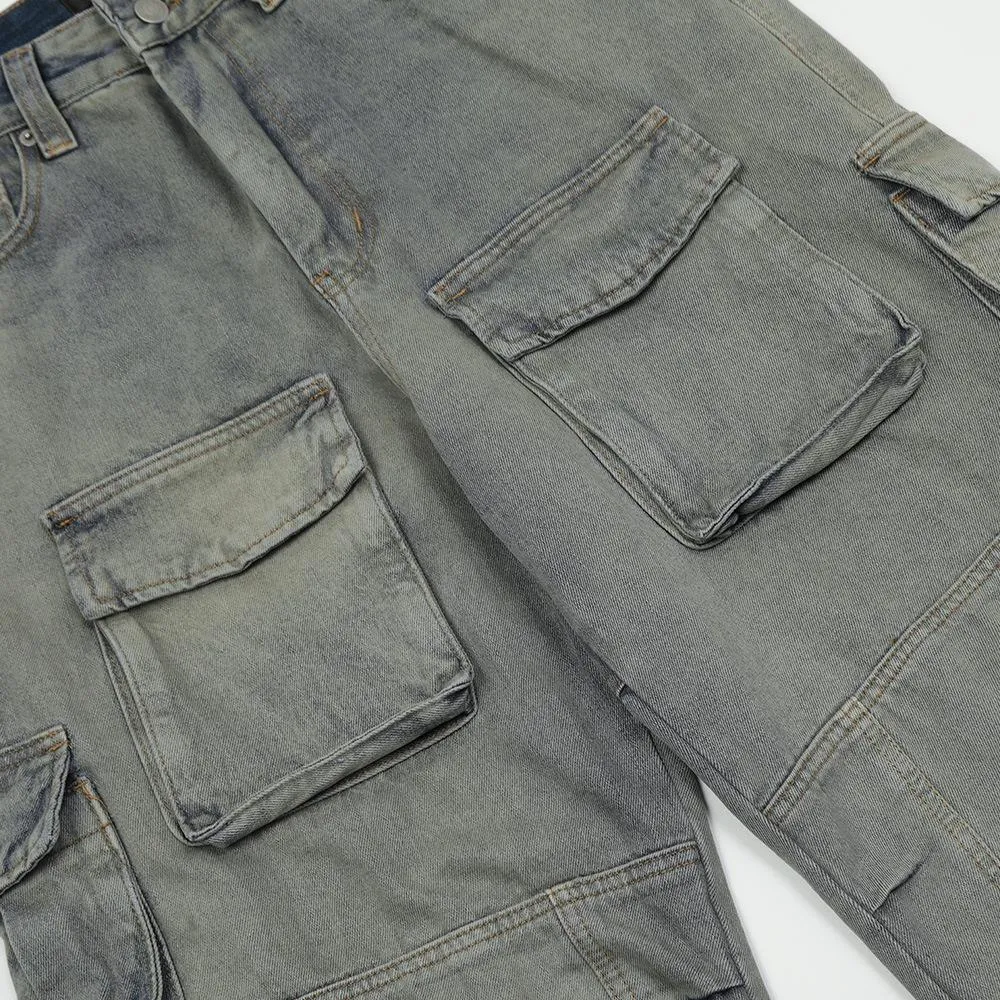 Waste Soil Wind Wash Water Old Denim Cargo Pants Men's Trendy Deconstructed Spliced Multi-Pocket Loose Straight Pants