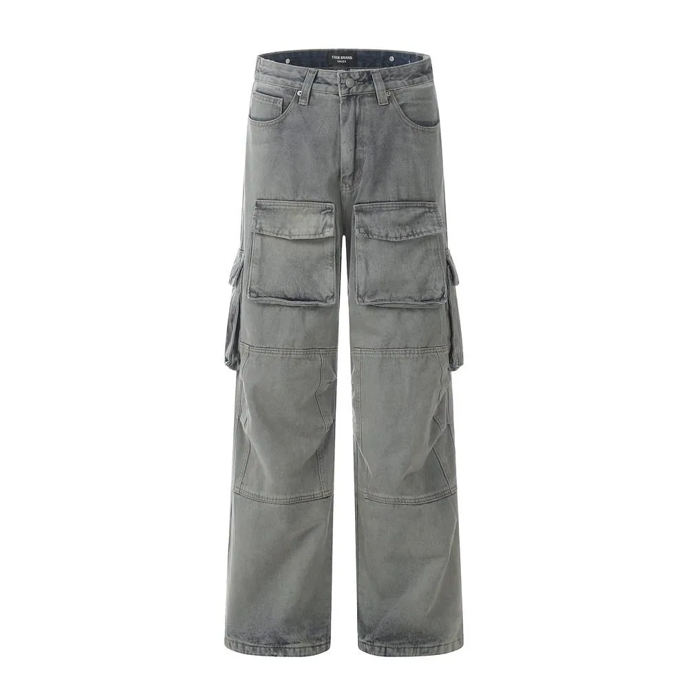 Waste Soil Wind Wash Water Old Denim Cargo Pants Men's Trendy Deconstructed Spliced Multi-Pocket Loose Straight Pants