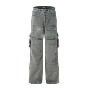 Waste Soil Wind Wash Water Old Denim Cargo Pants Men's Trendy Deconstructed Spliced Multi-Pocket Loose Straight Pants