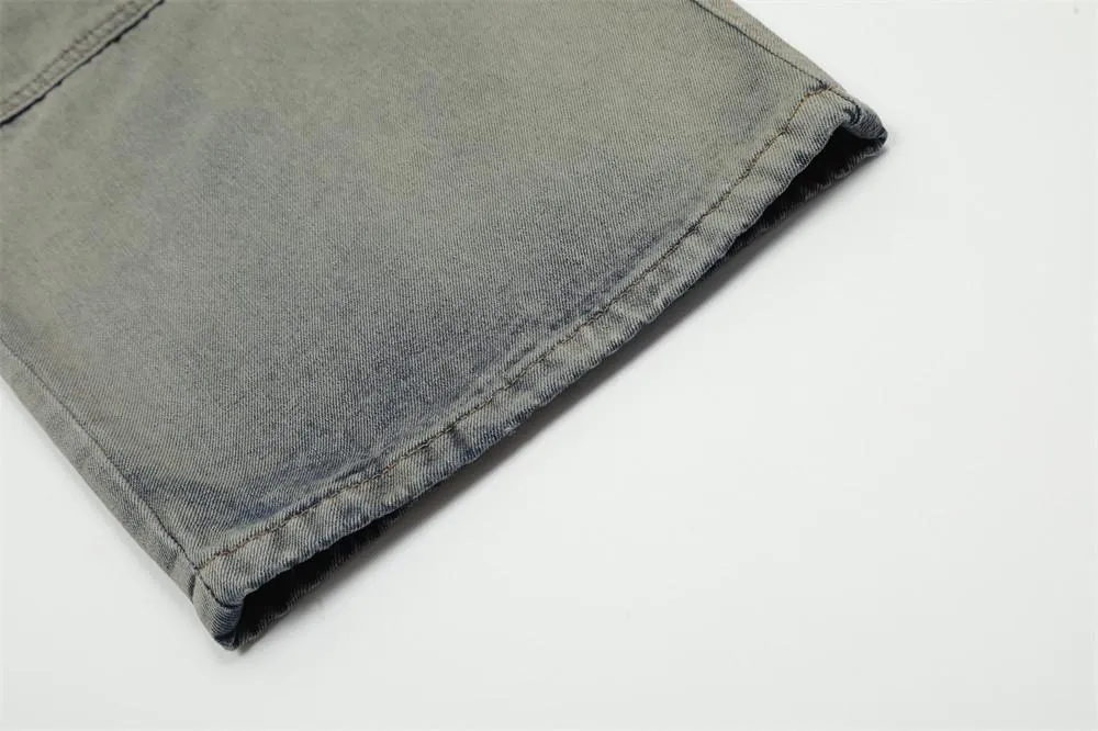 Waste Soil Wind Wash Water Old Denim Cargo Pants Men's Trendy Deconstructed Spliced Multi-Pocket Loose Straight Pants