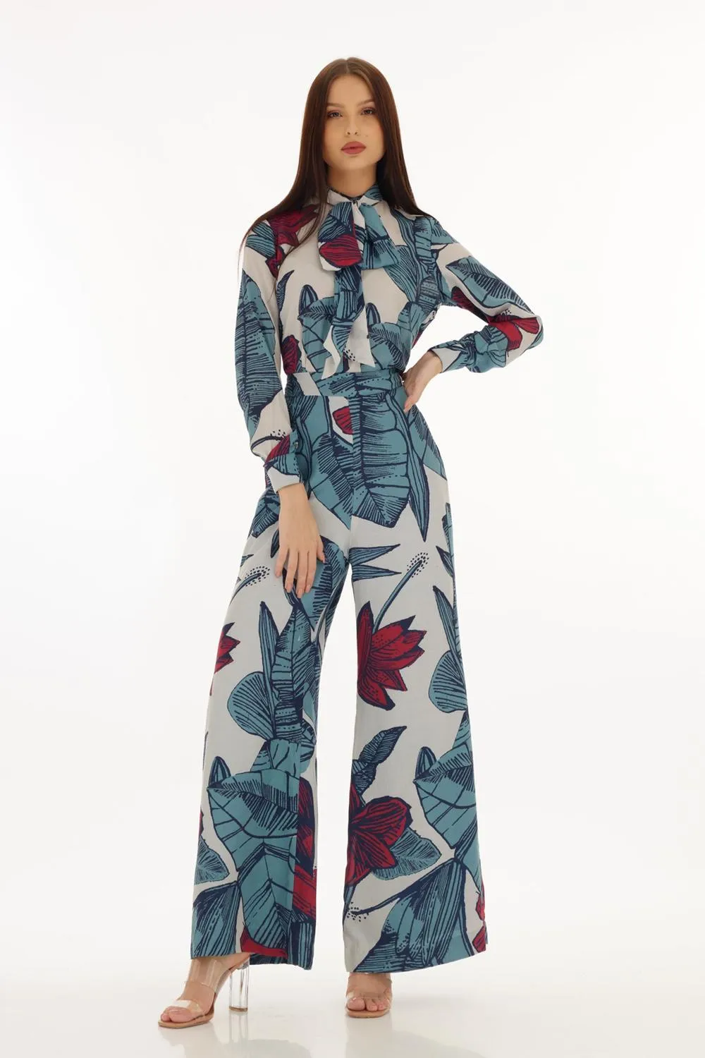 White, Blue & Red Floral Pants