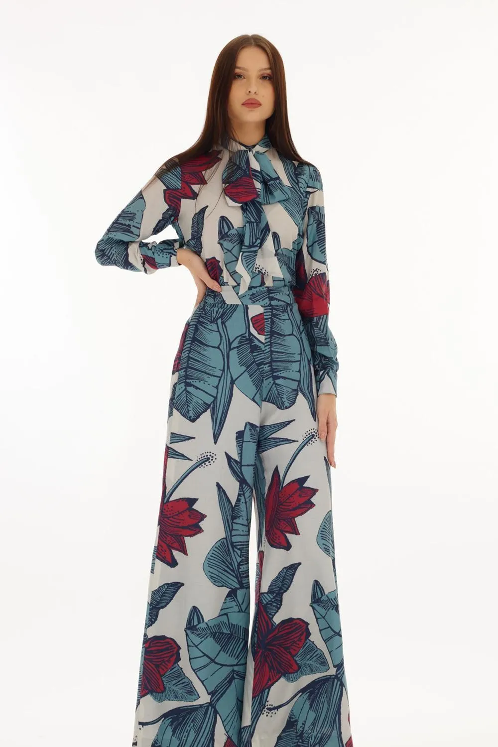 White, Blue & Red Floral Pants