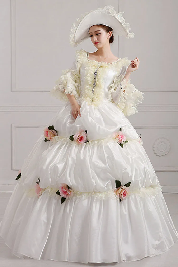 White Court Style High Waisted Flowers Victorian Lolita Prom Dress