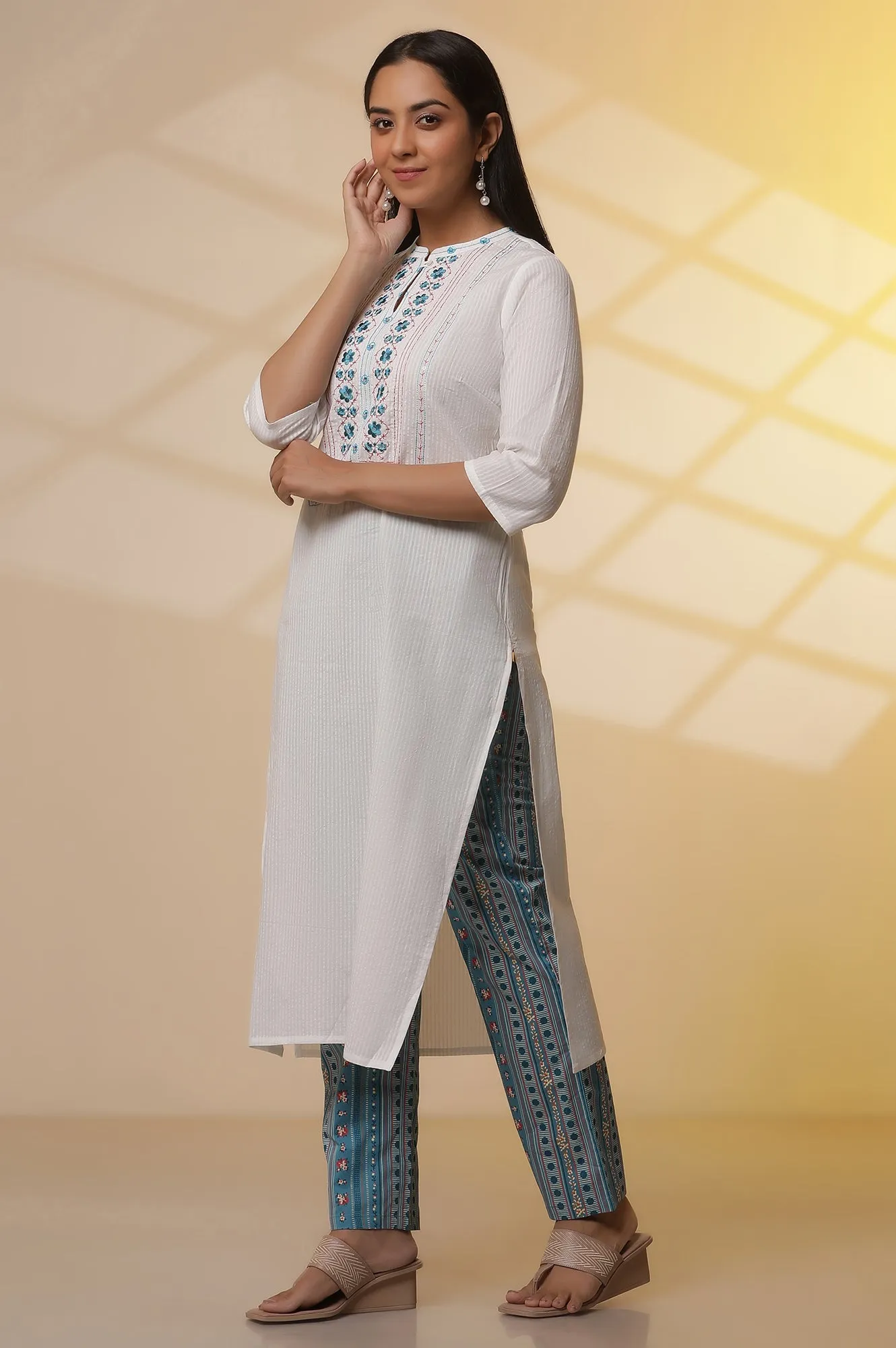 White Embroidered Cotton Blend Straight Kurta, Narrow Palazzos and Dupatta Set