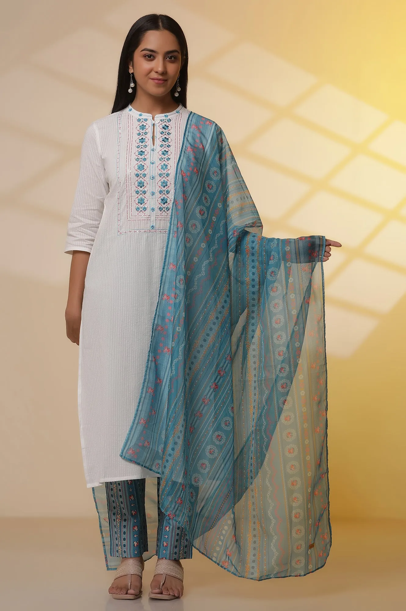 White Embroidered Cotton Blend Straight Kurta, Narrow Palazzos and Dupatta Set