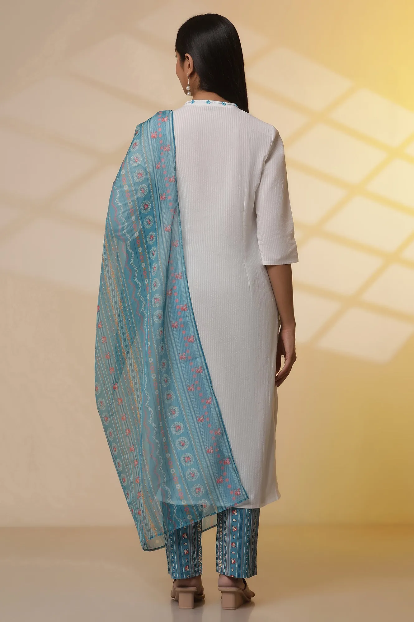 White Embroidered Cotton Blend Straight Kurta, Narrow Palazzos and Dupatta Set