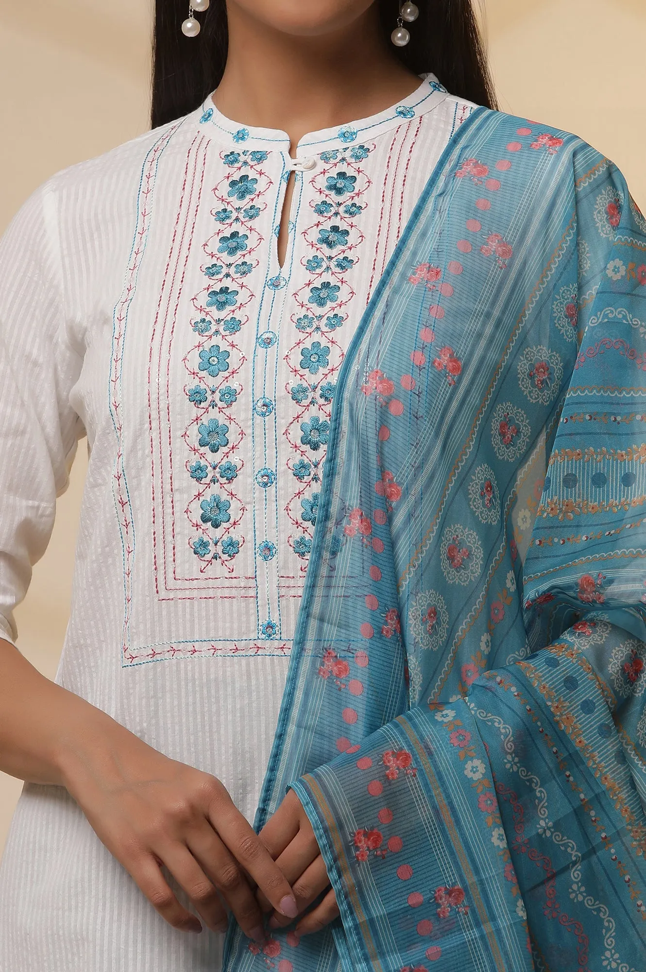 White Embroidered Cotton Blend Straight Kurta, Narrow Palazzos and Dupatta Set