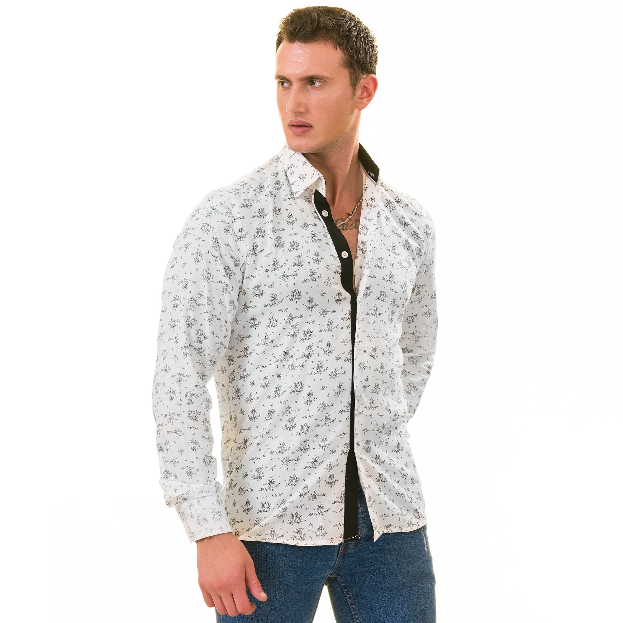 White Floral Men's  Slim Fit Designer Dress Shirt - Tailored Cotton Shirts for Work and Casual Wear
