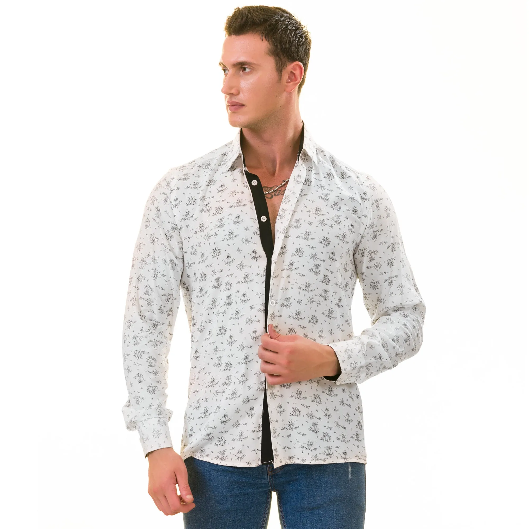 White Floral Men's  Slim Fit Designer Dress Shirt - Tailored Cotton Shirts for Work and Casual Wear