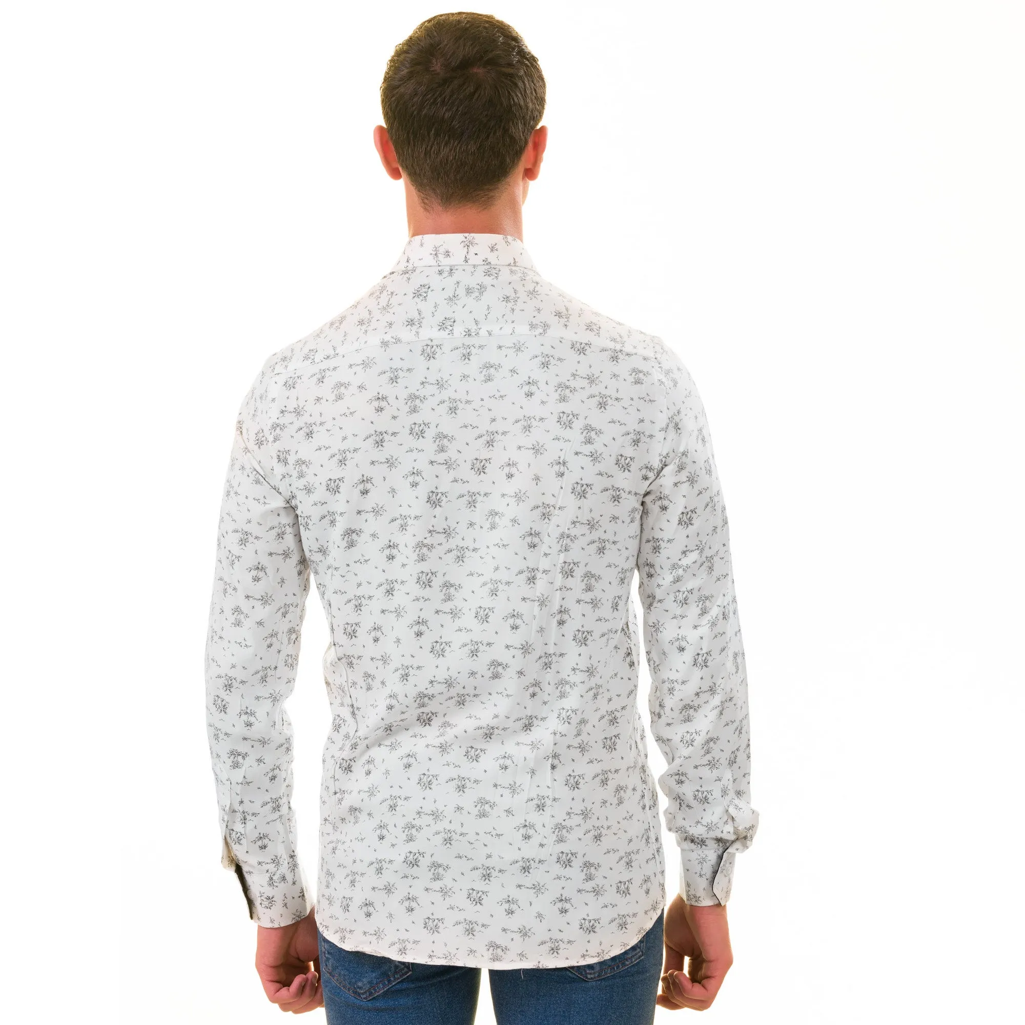White Floral Men's  Slim Fit Designer Dress Shirt - Tailored Cotton Shirts for Work and Casual Wear