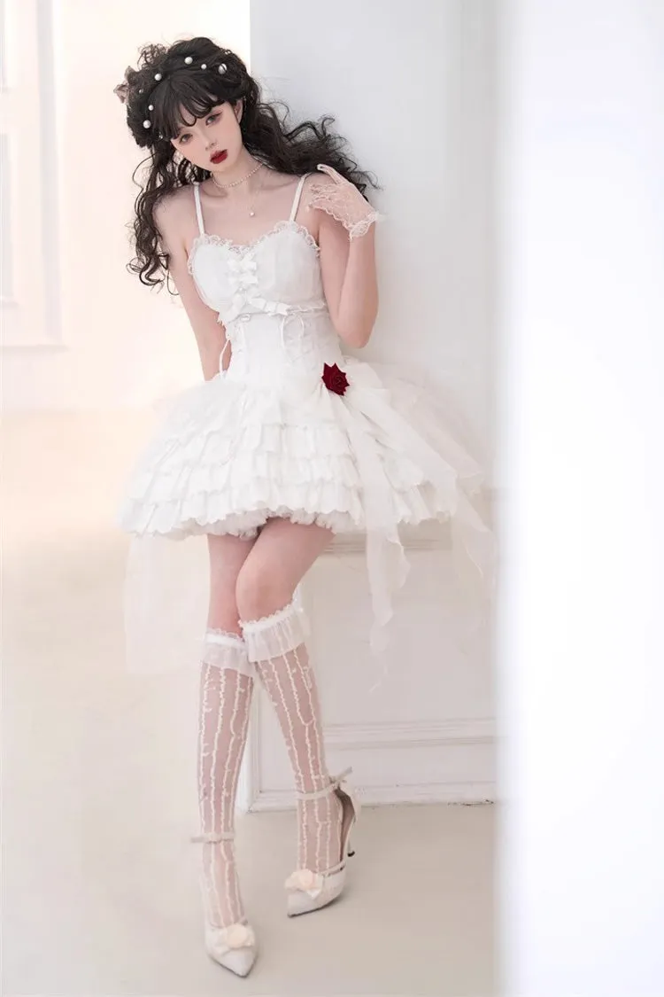 White High Waisted Multi-layer Rose Bowknot Lace-Up Gothic Lolita Jsk Dress