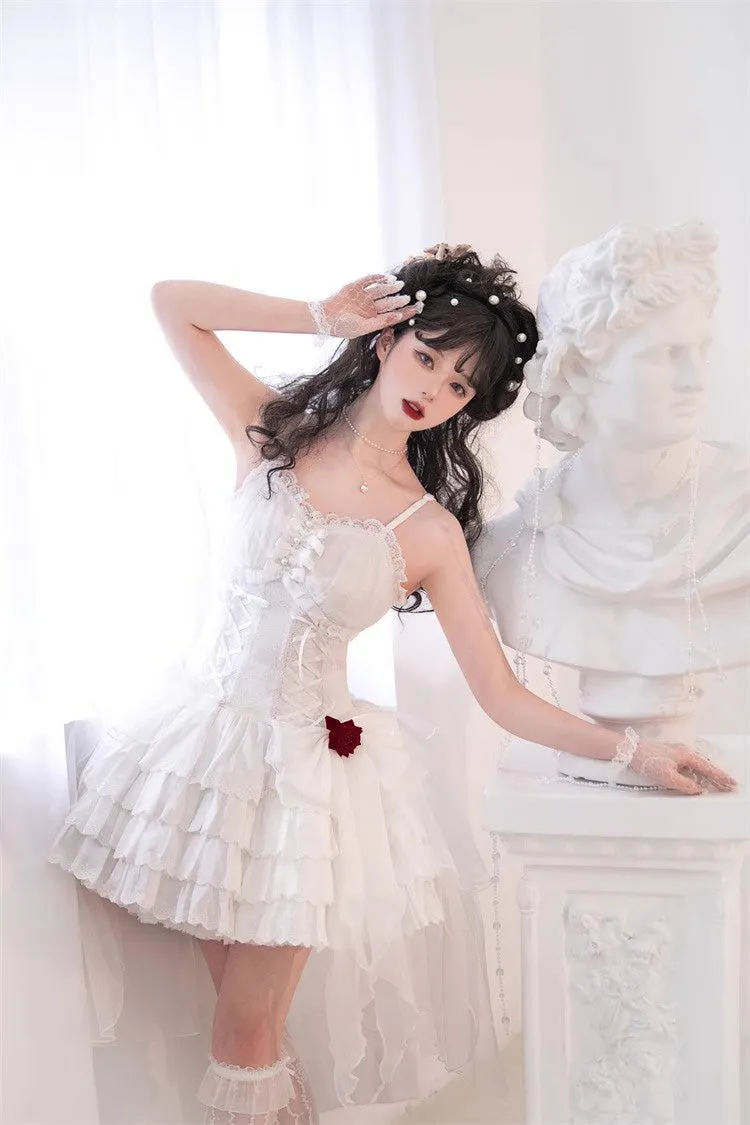 White High Waisted Multi-layer Rose Bowknot Lace-Up Gothic Lolita Jsk Dress