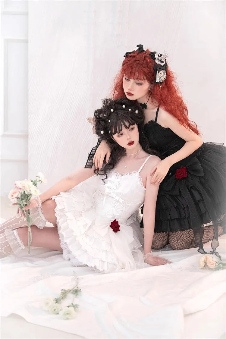 White High Waisted Multi-layer Rose Bowknot Lace-Up Gothic Lolita Jsk Dress