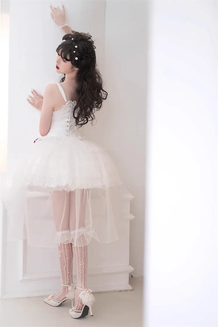 White High Waisted Multi-layer Rose Bowknot Lace-Up Gothic Lolita Jsk Dress
