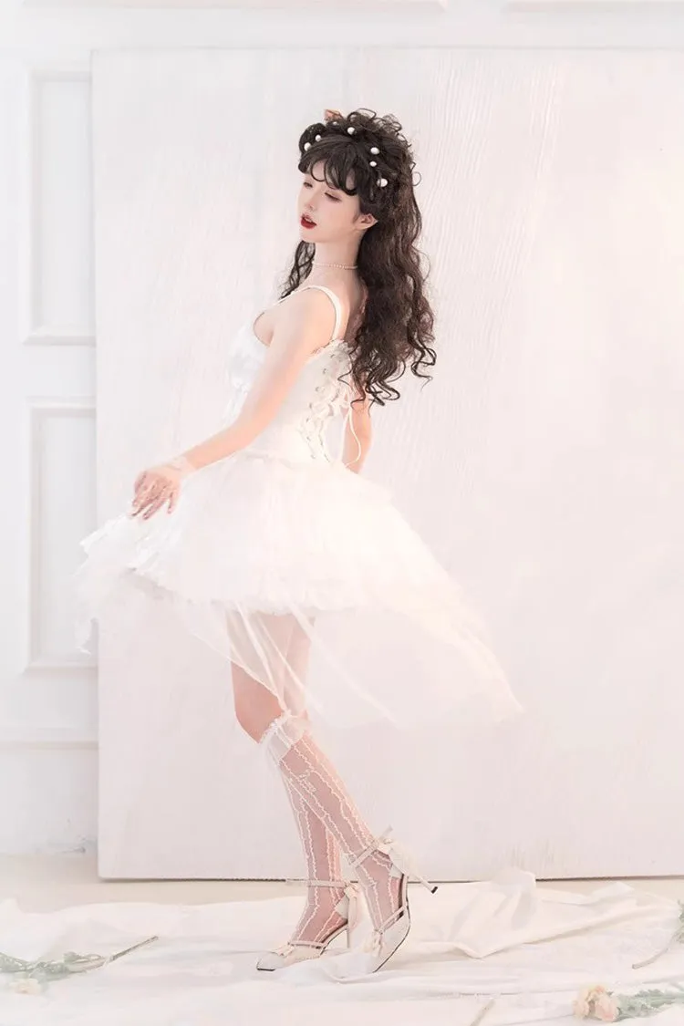 White High Waisted Multi-layer Rose Bowknot Lace-Up Gothic Lolita Jsk Dress