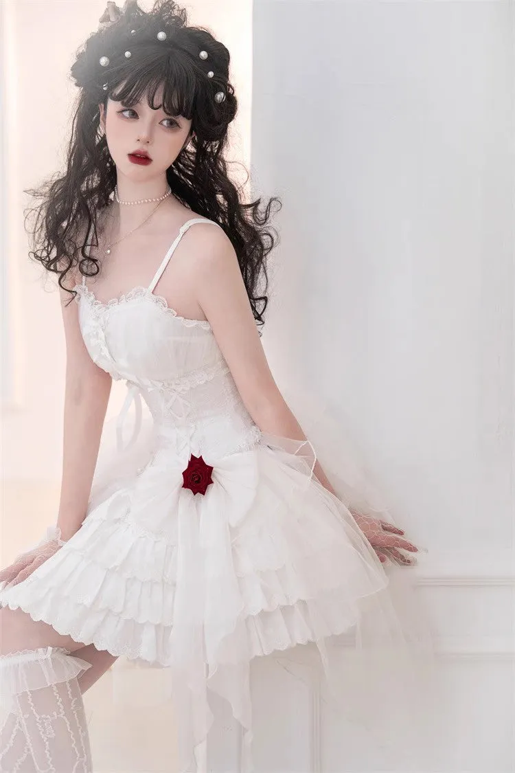White High Waisted Multi-layer Rose Bowknot Lace-Up Gothic Lolita Jsk Dress
