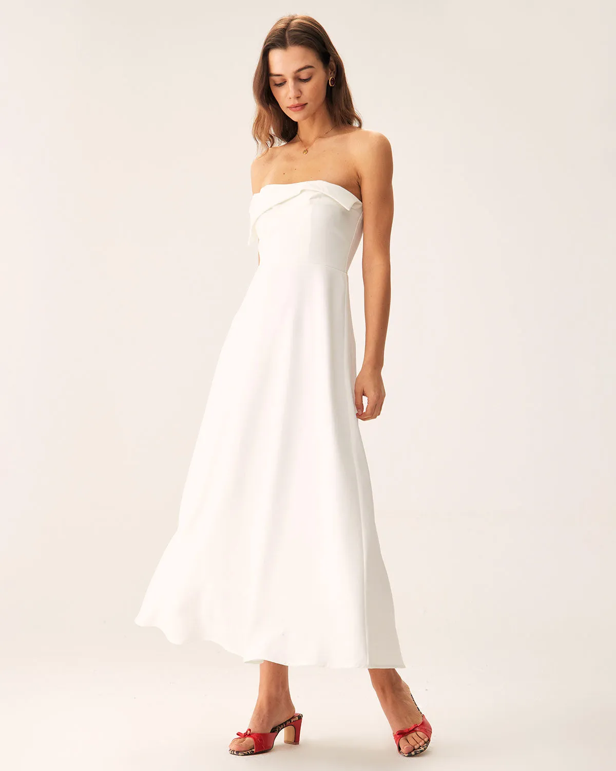 White Strapless Pleated Backless Maxi Dress