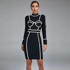 White Stripe High Neck Bandage Dress