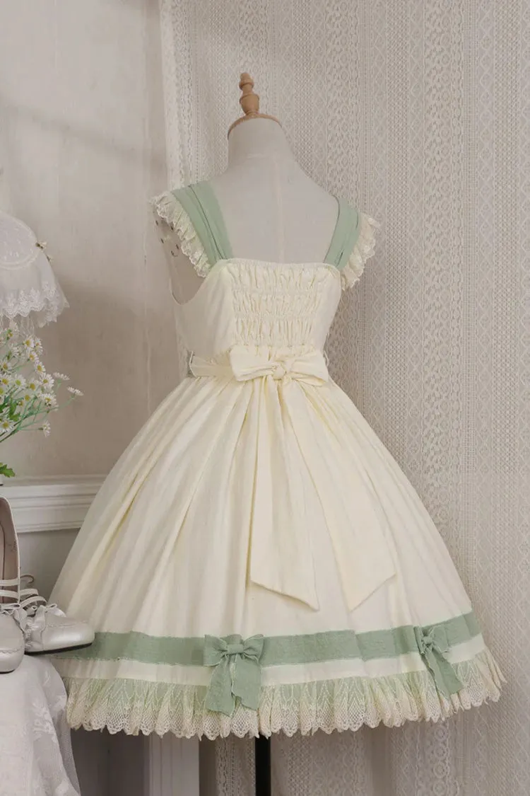White/Green Country Style Daisy Poem Elegant Boat Neck High Waisted Sweet Lolita Jsk Dress
