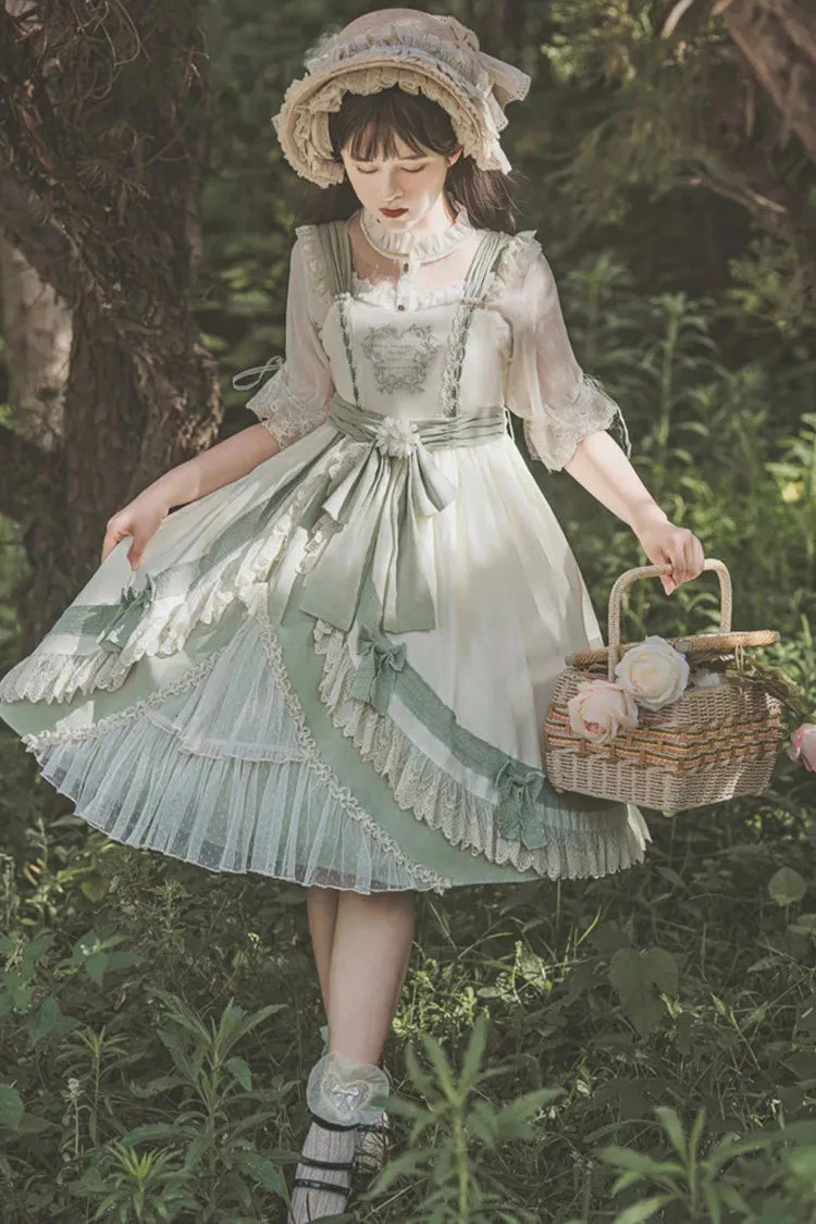 White/Green Country Style Daisy Poem Elegant Boat Neck High Waisted Sweet Lolita Jsk Dress