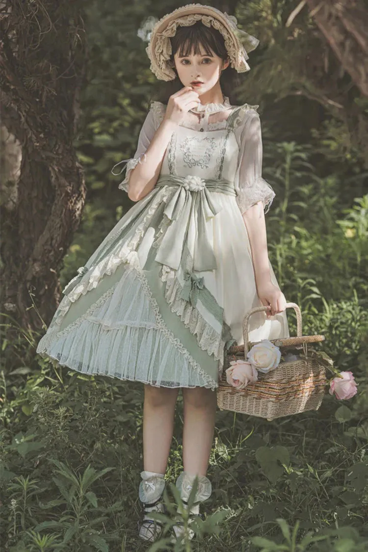 White/Green Country Style Daisy Poem Elegant Boat Neck High Waisted Sweet Lolita Jsk Dress