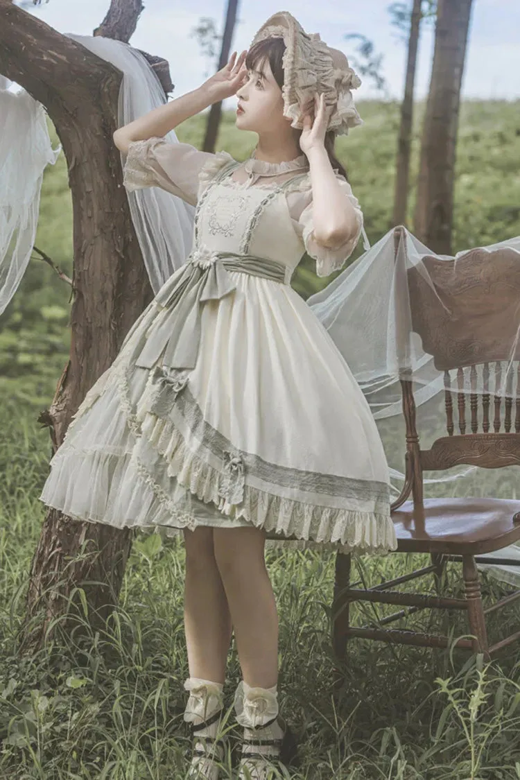 White/Green Country Style Daisy Poem Elegant Boat Neck High Waisted Sweet Lolita Jsk Dress