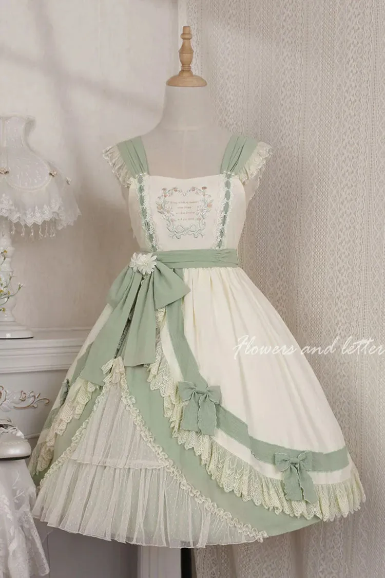White/Green Country Style Daisy Poem Elegant Boat Neck High Waisted Sweet Lolita Jsk Dress