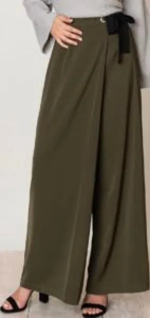 Wide Leg High Waisted Wrap Grosgrain Closure Pant
