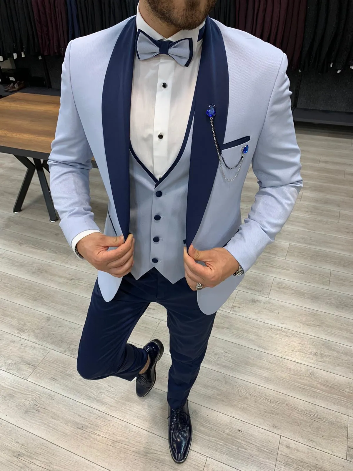 Wilson Sky Blue Slim Fit Shawl Lapel Tuxedo