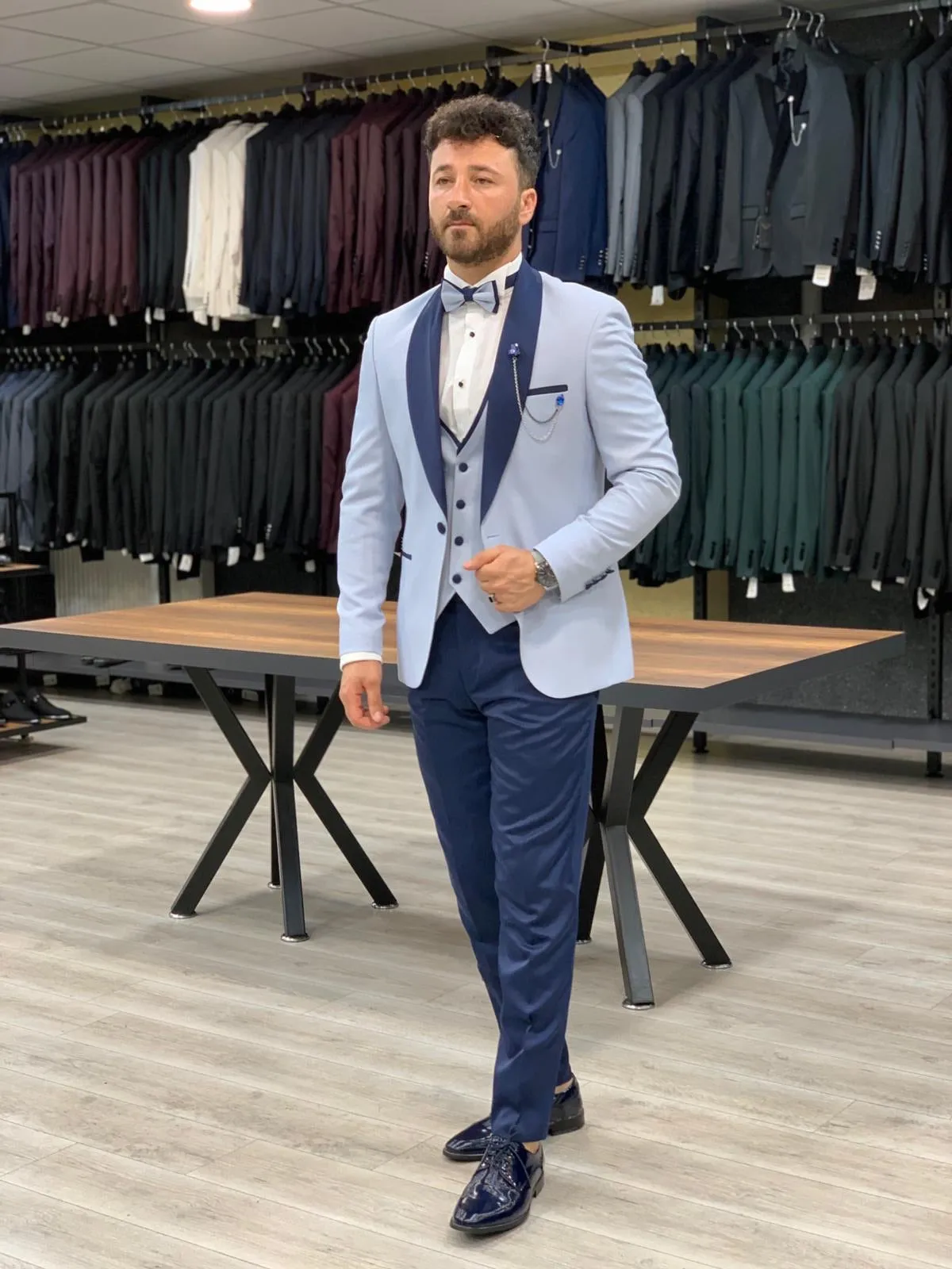 Wilson Sky Blue Slim Fit Shawl Lapel Tuxedo