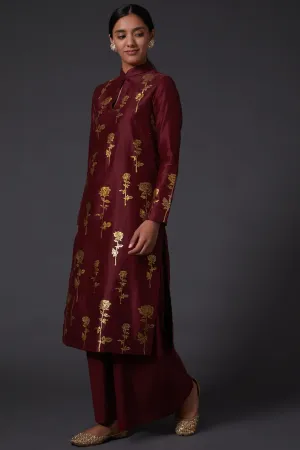 Wine & Gold Block Printed Kurta With Palazzo