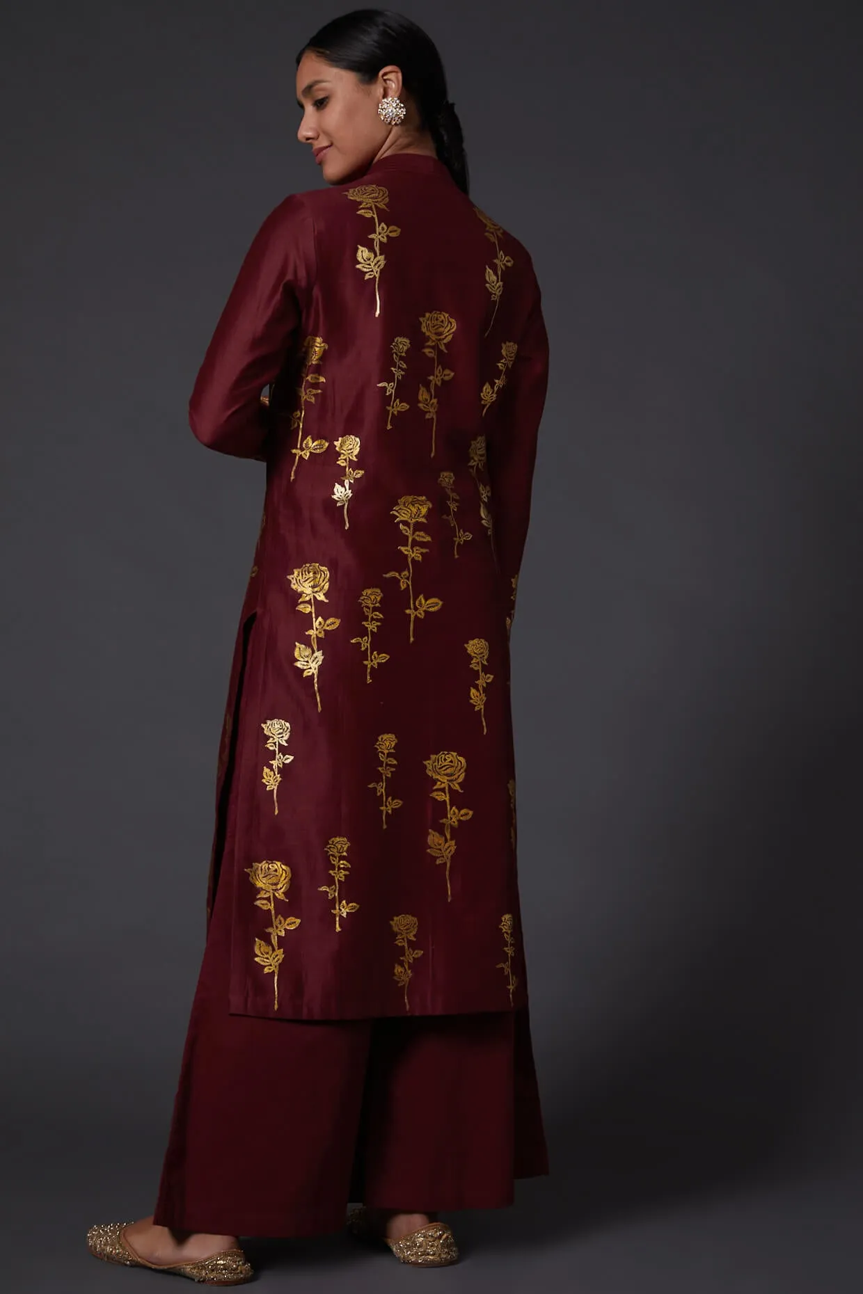 Wine & Gold Block Printed Kurta With Palazzo
