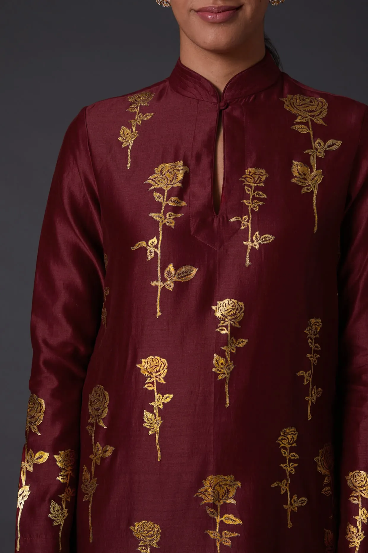 Wine & Gold Block Printed Kurta With Palazzo
